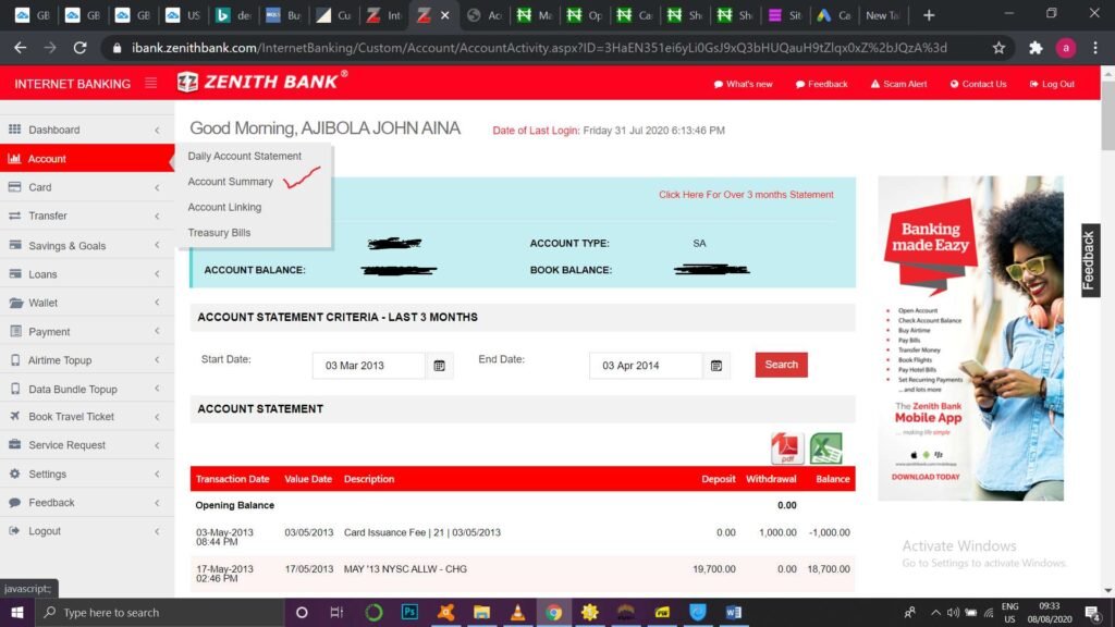 [100 WORKING] How to check and print Zenith Bank Account Statment (with pictures) Info