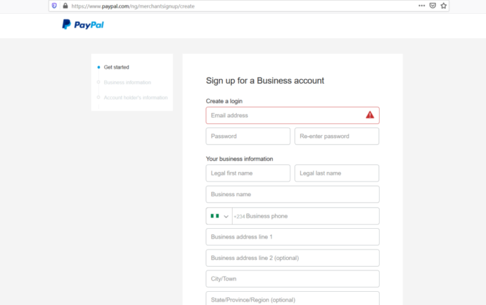 PayPal Business Account opening form