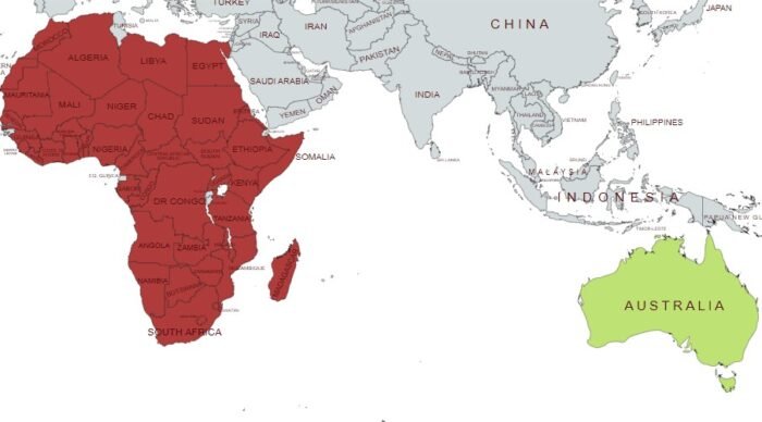 location of africa relative to australia