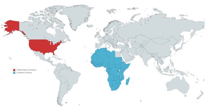 location of africa relative to the USA