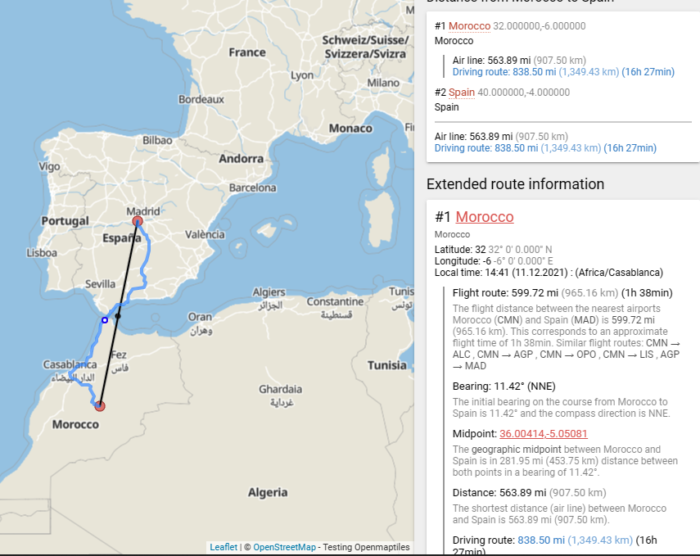 From Morocco to Madrid Spain is about about 1000km.