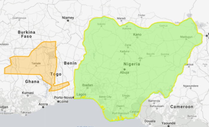 Side by side comparison of New york and Nigeria drawn to scale